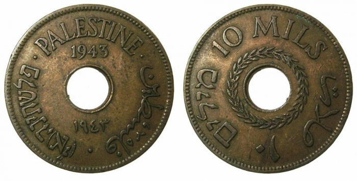(1943) Монета Палестина (Британский мандат) 1943 год 10 милс   Бронза  UNC