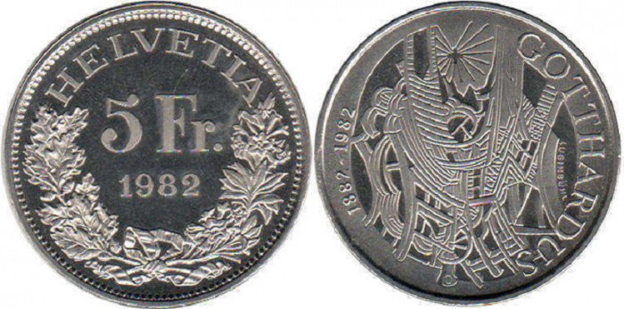 (1982) Монета Швейцария 1982 год 5 франков &quot;Готардский железнодорожный тоннель&quot;  Медь-Никель  PROOF