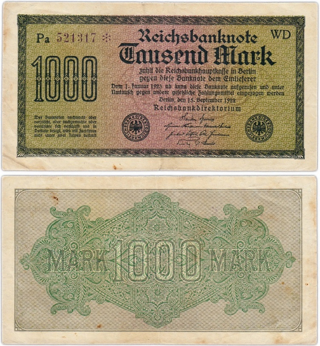 (1922) Банкнота Германия 1922 год 1 000 марок &quot;Вод знак Скрепки&quot; 3-й выпуск  VF
