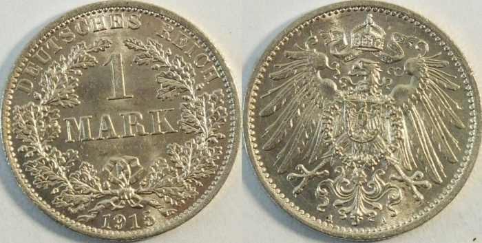 (1915A) Монета Германия (Империя) 1915 год 1 марка   Серебро Ag 900  UNC