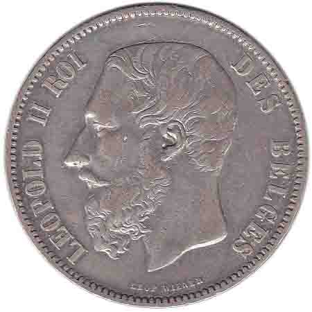 (1873) Монета Бельгия 1873 год 5 франков &quot;Леопольд II&quot; Серебро Ag 900  XF