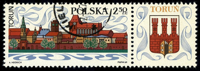 (1969-023) Марка с купоном Польша &quot;Старый город Торунь&quot; , III Θ