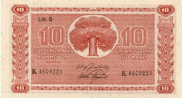 (1945 Litt B) Банкнота Финляндия 1945 год 10 марок    UNC