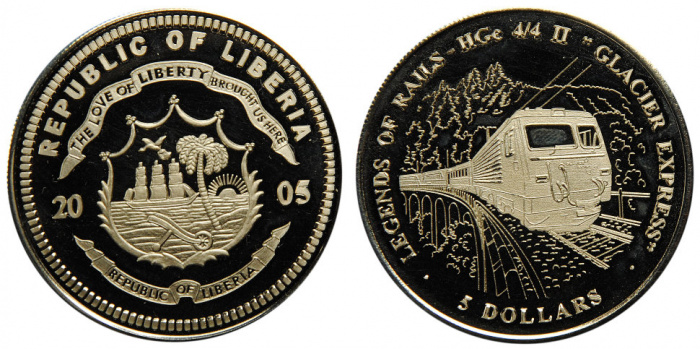 (2005) Монета Либерия 2005 год 5 долларов &quot;Ледниковый экспресс&quot;  Медь-Никель  PROOF