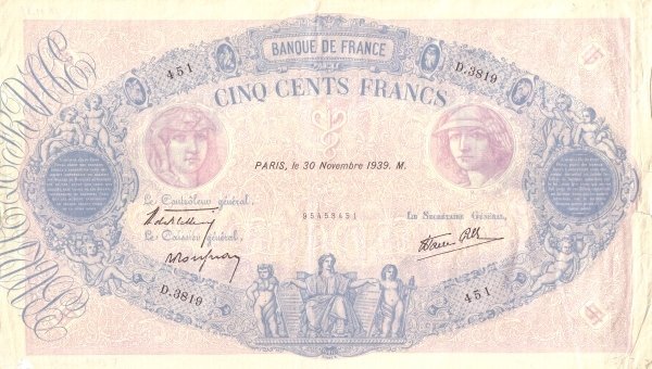 () Банкнота Франция 1939 год 500  &quot;&quot;   UNC
