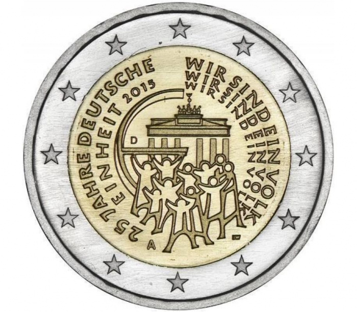 (014) Монета Германия (ФРГ) 2015 год 2 евро &quot;Объединение Германии 25 лет&quot; Двор A Биметалл  UNC