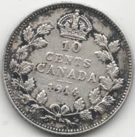 (1914) Монета Канада 1914 год 10 центов "Георг V"  Серебро Ag 925  XF