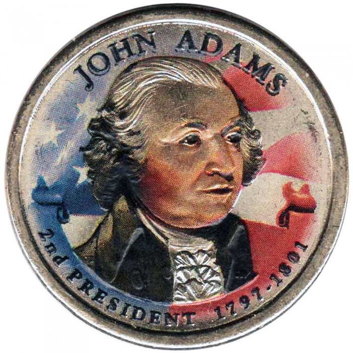 02d Монета США 2007 год 1 доллар Джон Адамс  Вариант №2 Латунь  COLOR. Цветная