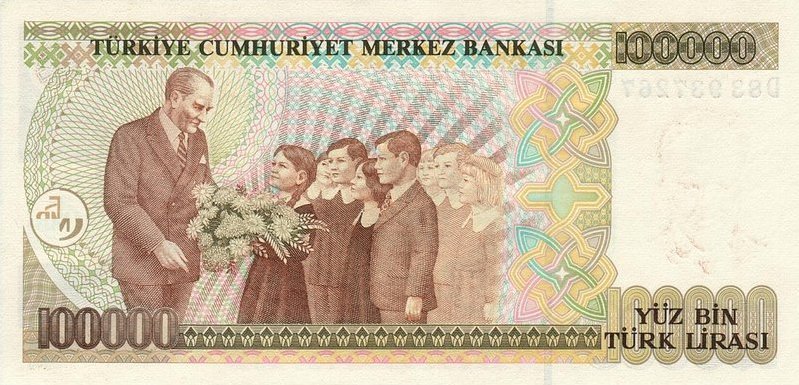 (,) Банкнота Турция 1994 год 100 000 лир &quot;Мустафа Кемаль Ататюрк&quot;   UNC