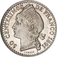 (№1891km10) Монета Доминиканская Республика 1891 год 50 Centeacute;simos (де Франко)