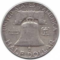 (1960) Монета США 1960 год 50 центов   Бенджамин Франклин Серебро Ag 900  VF