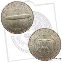 (1930a) Монета Германия (Веймар) 1930 год 3 марки   Полёт дирижабля граф Цеппелин Серебро Ag 500  XF