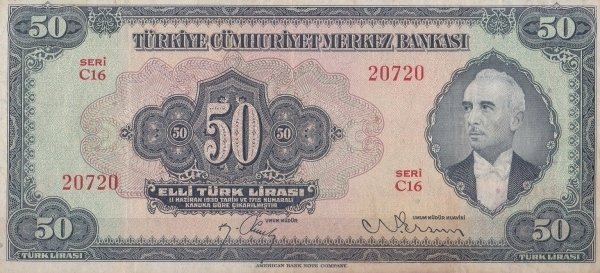 (№1947P-143a) Банкнота Турция 1947 год &quot;50 Turkish Lira&quot;