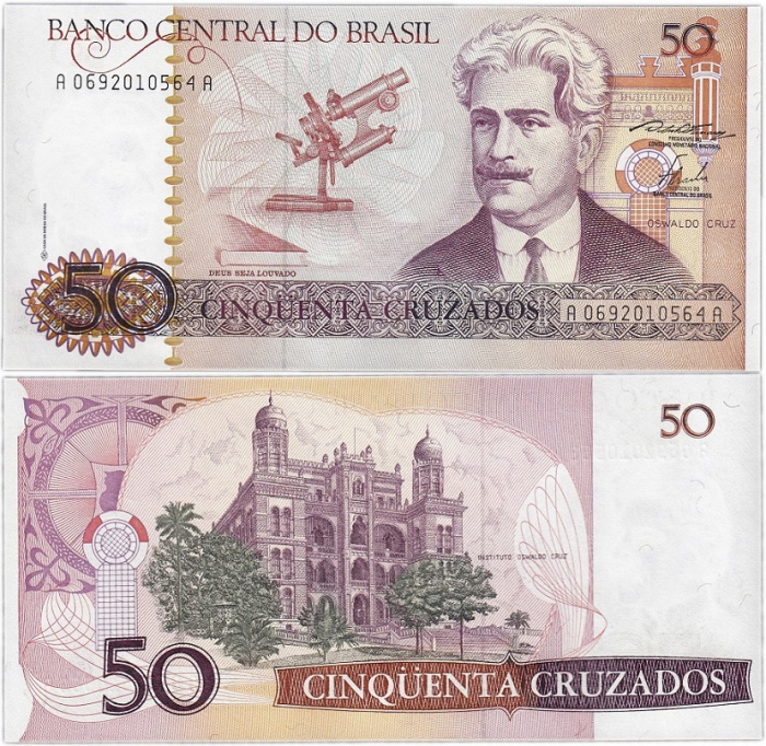(1986-1988) Банкнота Бразилия 1986-1988 год 50 крузадо &quot;Освальдо Круз&quot;   UNC
