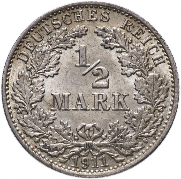 (1911A) Монета Германия (Империя) 1911 год 1/2 марки   Серебро Ag 900  XF