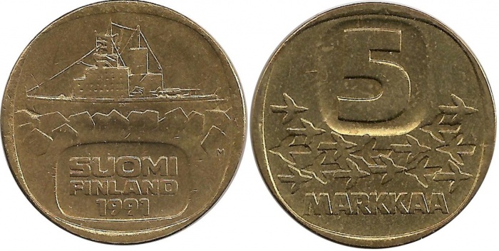(1991) Монета Финляндия 1991 год 5 марок &quot;Ледокол Урхо&quot; Латунь  XF