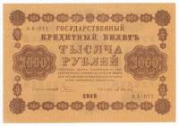 Осипов М.И. Банкнота РСФСР 1918 год 1 000 рублей  Пятаков Г.Л. Горизонтальные Вод. Знаки UNC