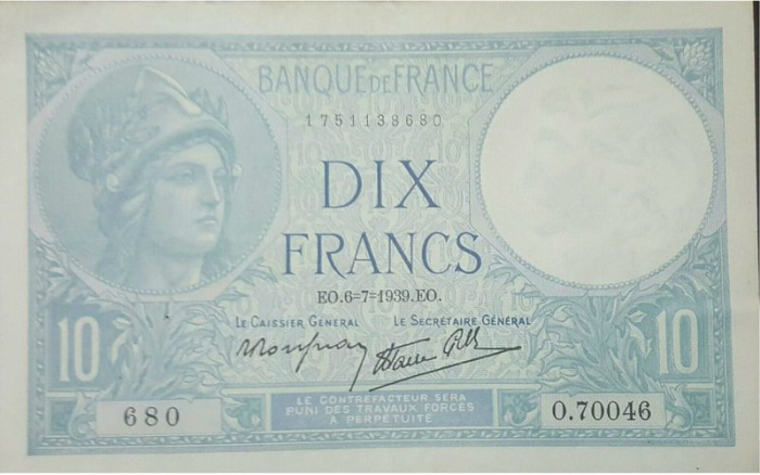 (№1939P-84a.2) Банкнота Франция 1939 год &quot;10 Francs&quot;