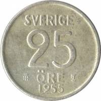 (1955) Монета Швеция 1955 год 25 эре   Серебро Ag 400  UNC