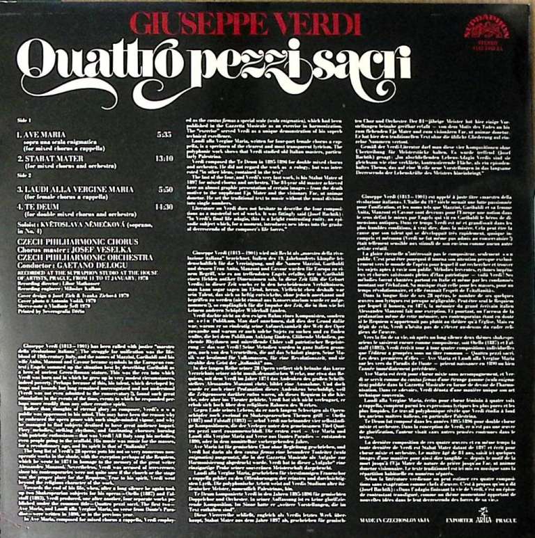 Пластинка виниловая Дж. Верди Quattro pezzi sacri Supraphon 300 мм. Excellent