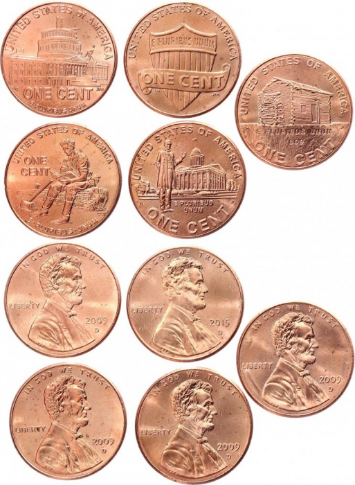 (2009, 5 монет по 1 центу) Набор монет США 2009 год &quot;Авраам Линкольн 200 лет со дня рождения&quot;   UNC