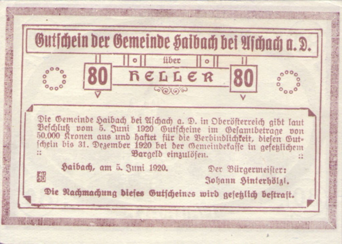 (№1920) Банкнота Австрия 1920 год &quot;80 Heller&quot;