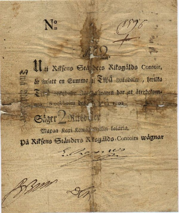 (,) Банкнота Швеция 1791 год 2 крон    UNC