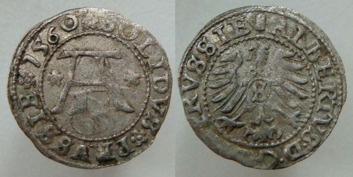 (1560) Монета Германия (Пруссия) 1560 год 1 шиллинг &quot;Альбрехт Бранденбургский&quot;  Серебро Ag 500  VF
