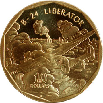 (1991) Монета Маршалловы Острова 1991 год 10 долларов &quot;B-24 Либерейтор&quot;  Латунь  UNC