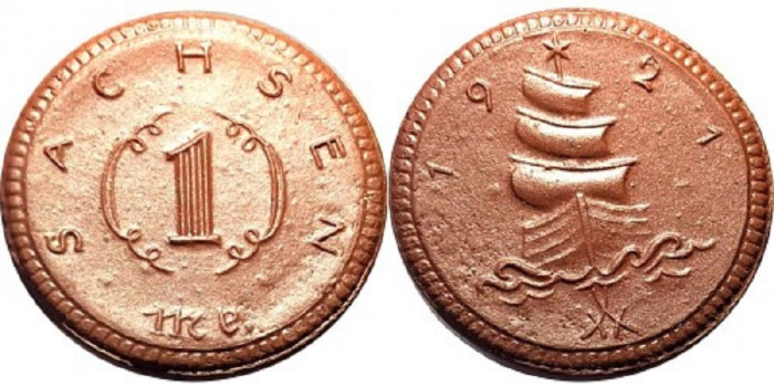 (1921) Монета-нотгельд Германия (Саксония) 1921 год 1 марка &quot;Корабль&quot;  Фарфор  UNC