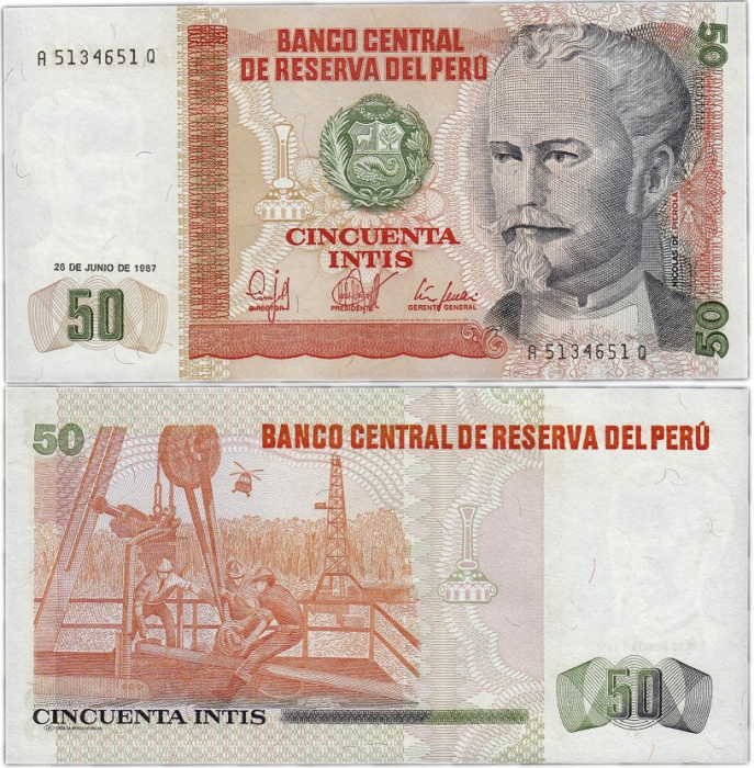 (1987) Банкнота Перу 1987 год 50 инти &quot;Николас де Пьерола&quot;   UNC