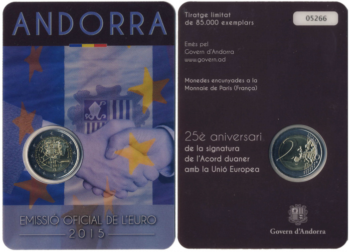 (03) Монета Андорра 2015 год 2 евро &quot;Таможенный союз 25 лет&quot;  Биметалл  Буклет