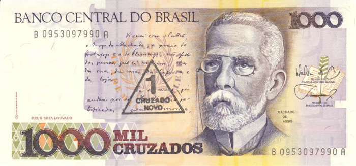 (1989) Банкнота Бразилия 1989 год 1 новый крузадо &quot;Надп на 1000 крузадо 1987-88&quot;   UNC