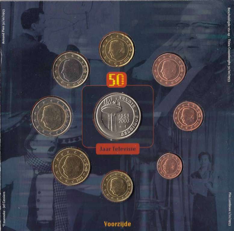 (2003, 8 монет + жетон) Набор монет Бельгия 2003 год &quot;Телевидение. 50 лет&quot;   Буклет