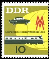 (1963-044) Марка Германия (ГДР) "Поезд и автомобиль"    Ярмарка, Лейпциг III O