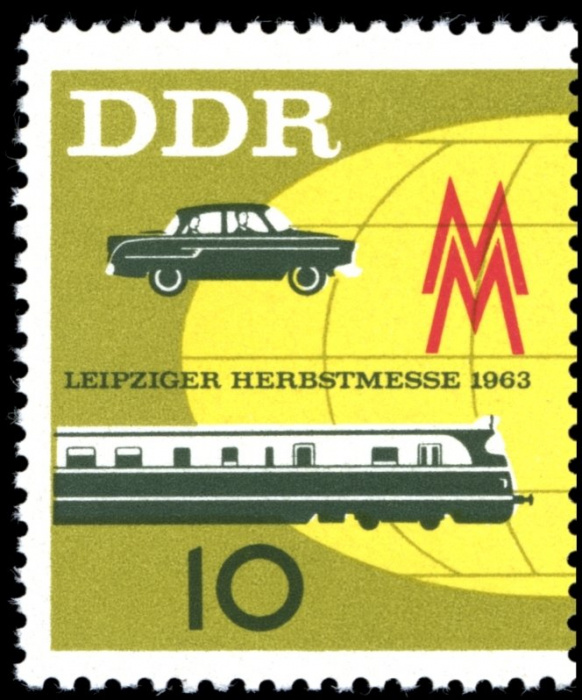 (1963-044) Марка Германия (ГДР) &quot;Поезд и автомобиль&quot;    Ярмарка, Лейпциг III O