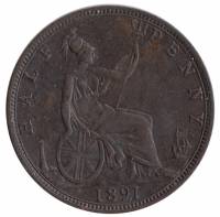 () Монета Великобритания 1891 год 1/2 пенни "Королева Виктория"  Медь  VF