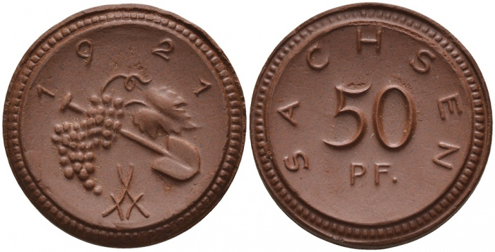 (1921) Монета-нотгельд Германия (Саксония) 1921 год 50 пфеннингов &quot;Виноград&quot;  Фарфор  UNC