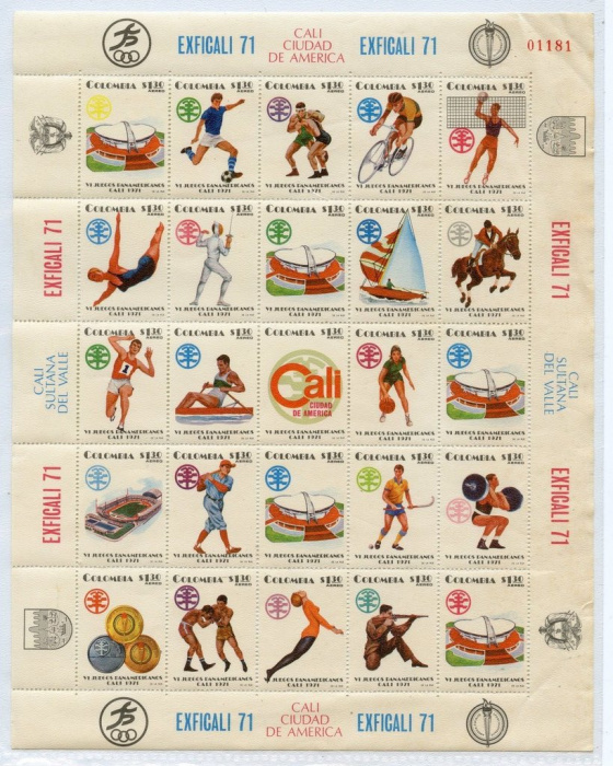 (№1971-1185) Лист марок Колумбия 1971 год &quot;6-й панамериканской спортивной игры&quot;, Гашеный