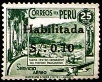 (№1949-463) Марка Перу 1949 год "Марки 1938 overprinetd в черный 10C на 25С", Гашеная