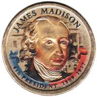 (04p) Монета США 2007 год 1 доллар "Джеймс Мэдисон"  Вариант №2 Латунь  COLOR. Цветная