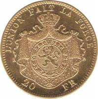 (№1870km37) Монета Бельгия 1870 год 20 Francs