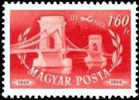 (1949-028) Марка Венгрия "Цепной мост, Будапешт (Красная)"    100 лет со дня открытия движения по Це