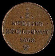 (№1863km324) Монета Норвегия 1863 год frac12; Skilling