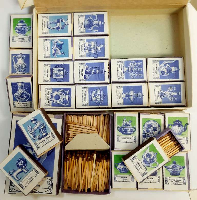 Набор спичечных коробков &quot;Гжель&quot;, 25 шт (со спичками), СССР