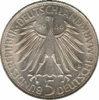 () Монета Германия (ФРГ) 1966 год 5  ""   Биметалл (Серебро - Ниобиум)  UNC