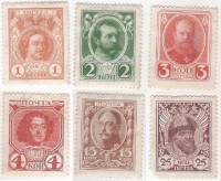 1913-109-112 116 118 Серия Набор марок 6 шт Россия  20 выпуск 300 лет дому Романовых II O