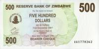 Банкнота Чек на предъявителя Зимбабве 2006-2007 год 500 долларов ГЭС Кариба   UNC