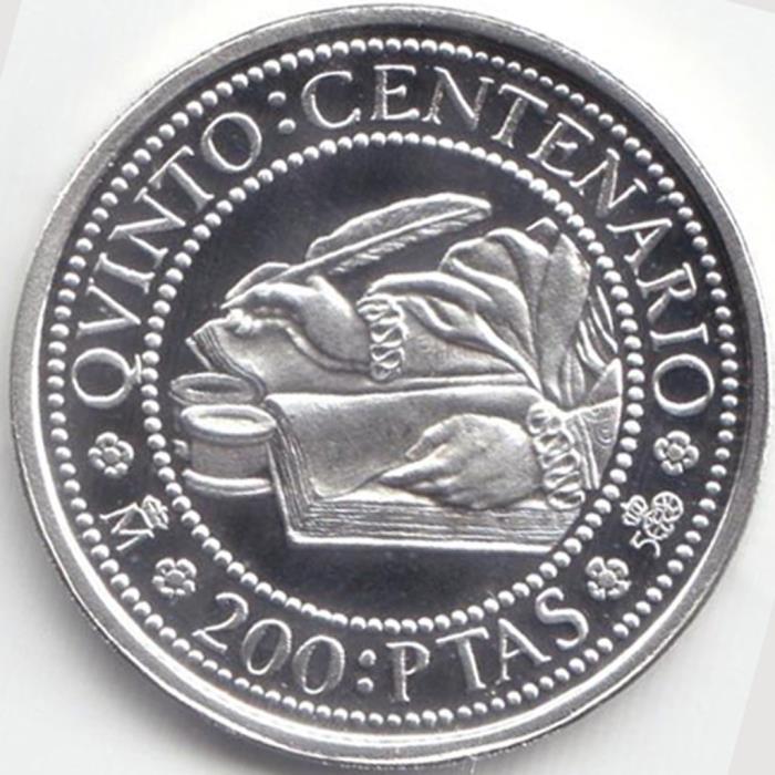 (1990) Монета Испания 1990 год 200 песет &quot;Открытие Америки. 500 лет&quot;  Серебро Ag 925  PROOF