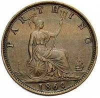 (1869) Монета Великобритания 1869 год 1 фартинг "Королева Виктория"  Бронза  XF
